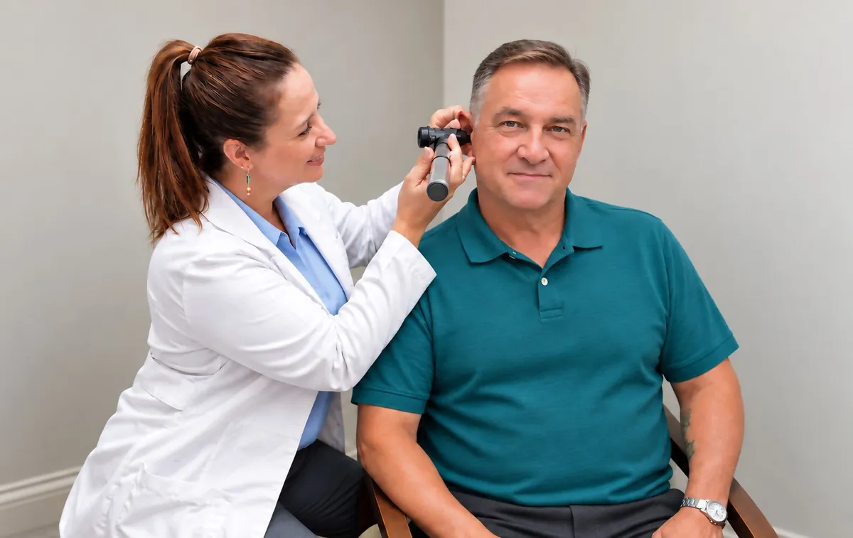 HearBest hearing care professional examining a patient's ear