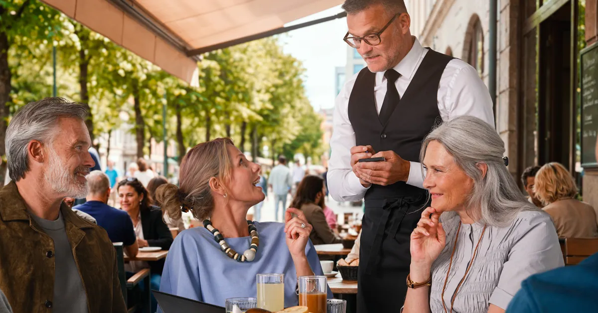 Friends ordering at an outdoor cafe